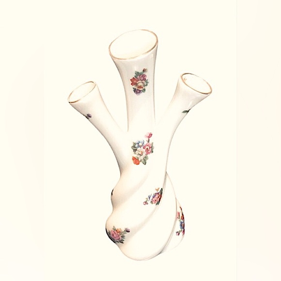 Vintage LIMOGES France 3 Finger Triple Bud Vase with Pink Flowers 7” Ceramic - Picture 3 of 8